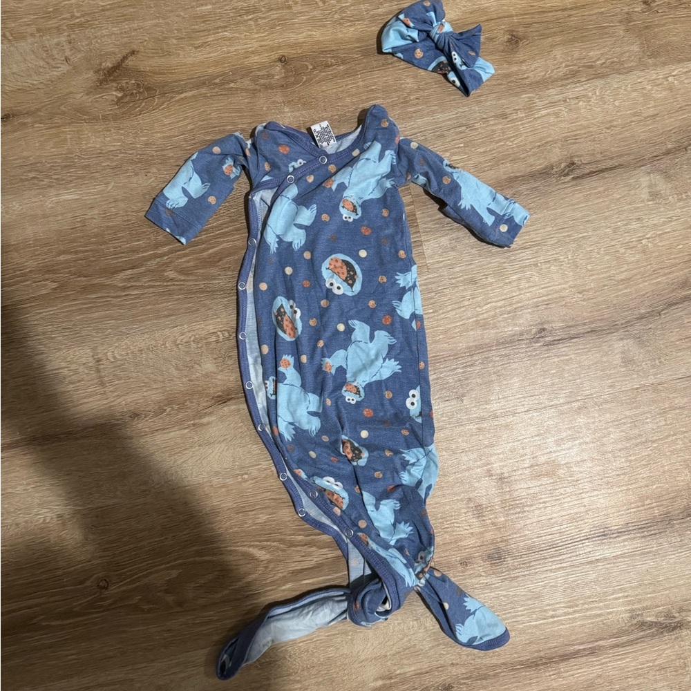 Copper Pearl Newborn Cookie Monster Knotted Gown with snaps and Bow